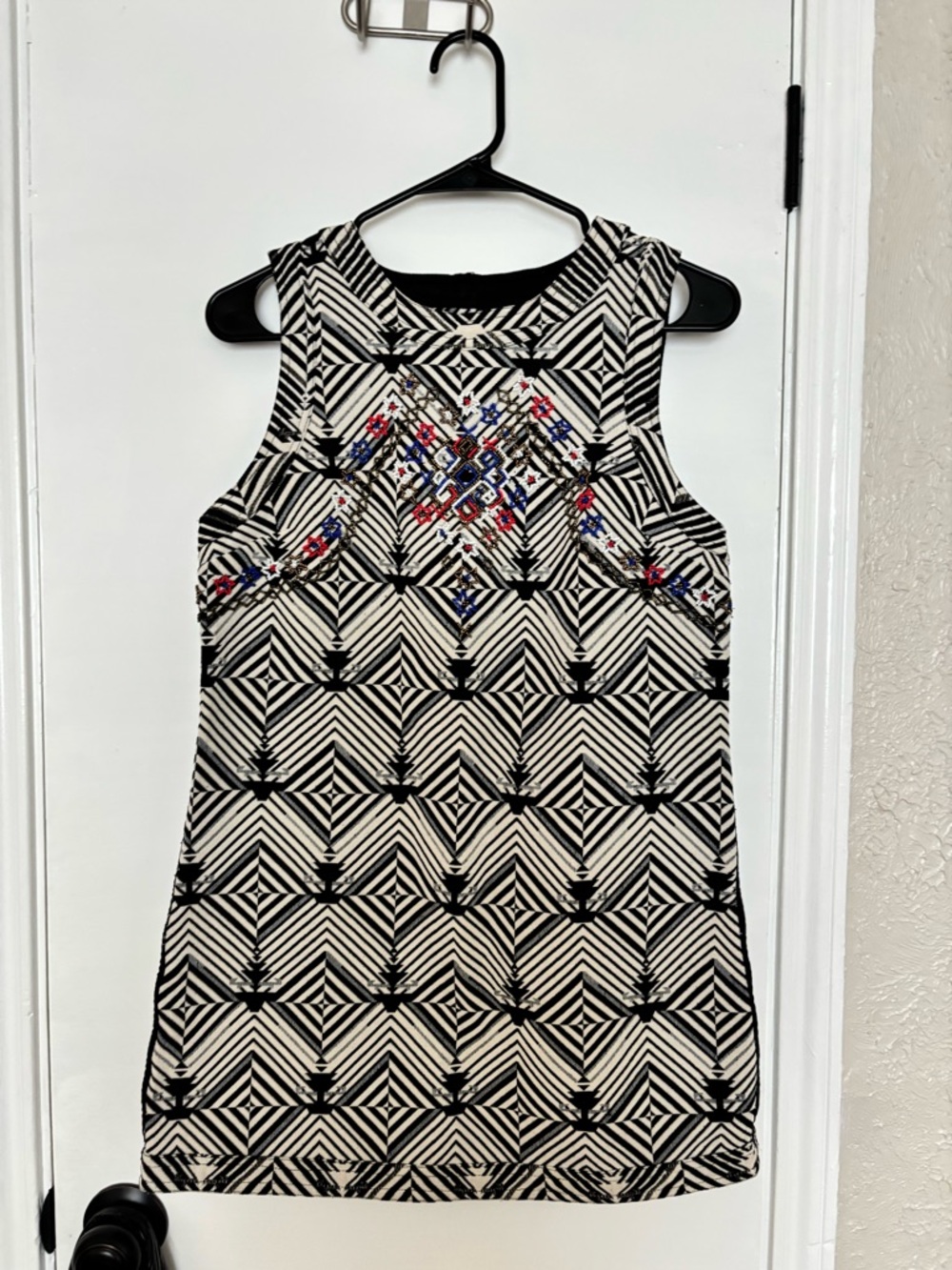 Black & Cream Geometric Embellished Sleeveless Dress